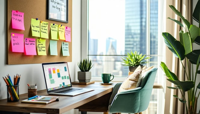 A serene office space bathed in natural light, featuring a sleek wooden desk adorned with a neatly organized planner, a laptop displaying job search websites, and a steaming cup of coffee. On one side, a corkboard is filled with colorful sticky notes highlighting milestones and goals, while the opposite wall showcases motivational quotes framed in elegant designs. A plush chair sits invitingly in front of the desk, and a small potted plant adds a touch of greenery to the scene. In the background, a large window reveals a glimpse of a vibrant cityscape, symbolizing opportunities beyond the workspace. The overall atmosphere conveys a sense of focus and determination, embodying the journey of a job seeker.