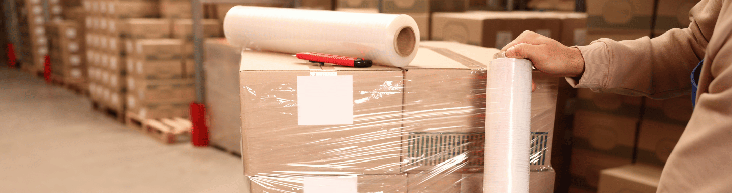 image of a person wrapping boxes in a film protector in a warehouse.