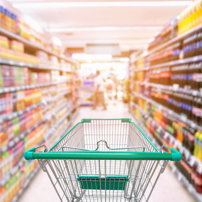 trolley in supermarket aisle