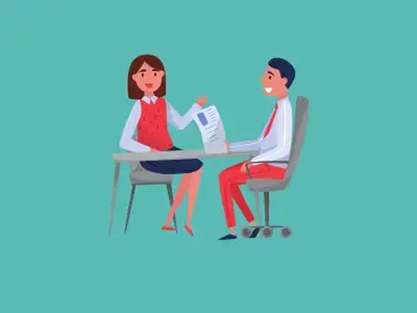 graphic of two people sitting at a table sharing career advice articles