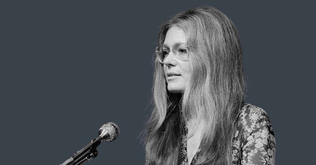 Black and white picture of Gloria Steinem speaking 