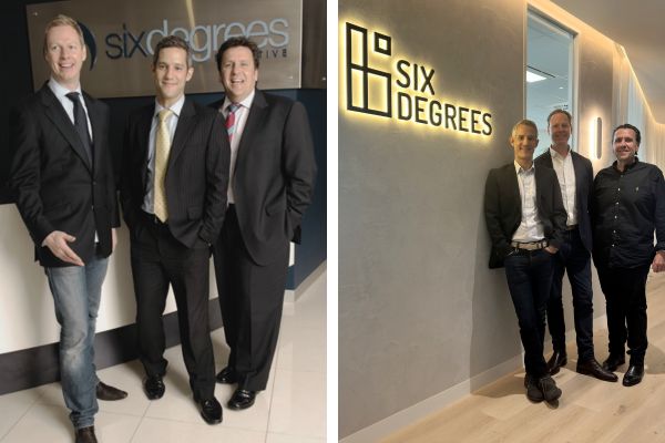 photo of Six Degrees Executive founders: Nick Hindhaugh, David Braham & Paul Hallam in 2004 vs 2024