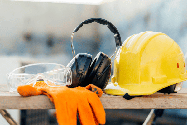 Close-up of construction safety equipment on a wooden surface, including a yellow hard hat, ear protection headphones, safety goggles, and orange work gloves. Close-up of construction safety equipment on a wooden surface, including a yellow hard hat, ear protection headphones, safety goggles, and orange work gloves.