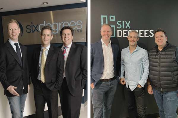 photo of Six Degrees Executive founders: Nick Hindaugh, David Braham & Paul Hallam in 2004 vs 2023 photo of Six Degrees Executive founders: Nick Hindaugh, David Braham & Paul Hallam in 2004 vs 2023