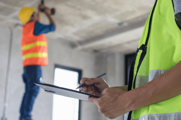 Construction site supervisor holding a clipboard and pen in the foreground while a worker in a safety vest and hard hat drills into the ceiling in the background. Construction site supervisor holding a clipboard and pen in the foreground while a worker in a safety vest and hard hat drills into the ceiling in the background.