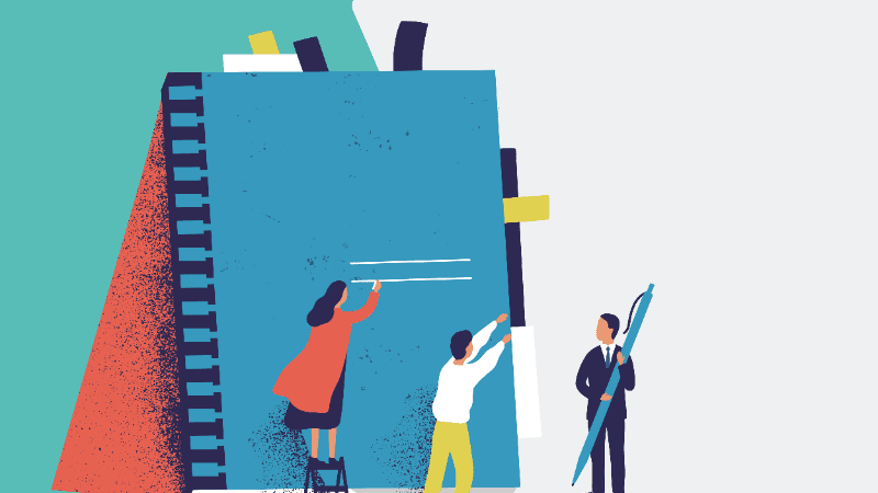 illustration of people looking at a notebook