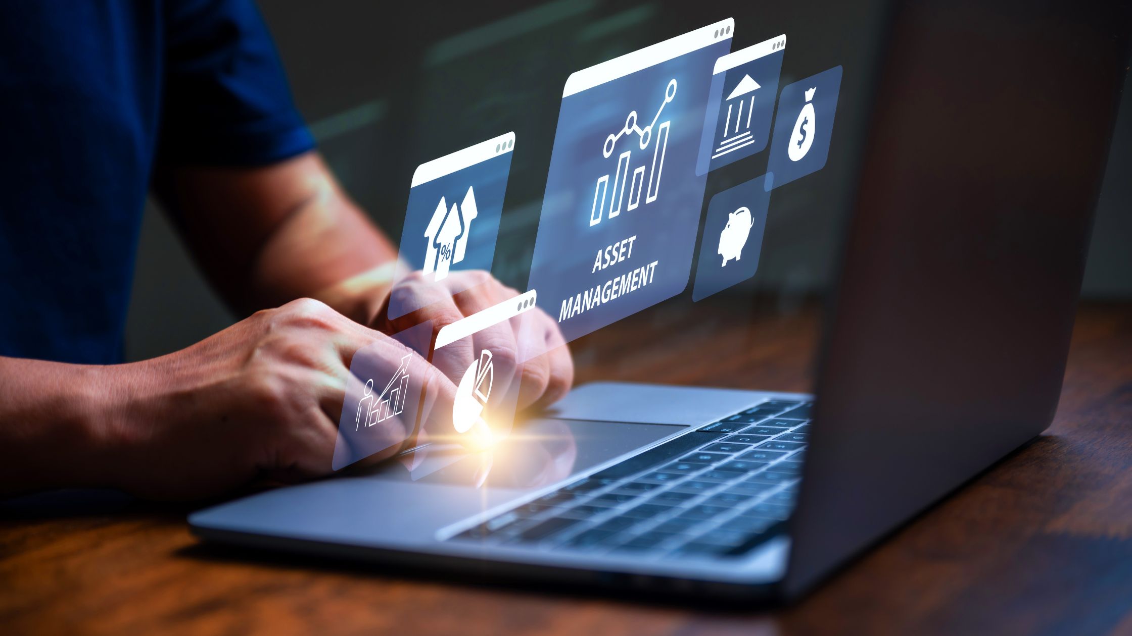 image of a man representing a chief financial officer typing on his keyboard and cloud images come up